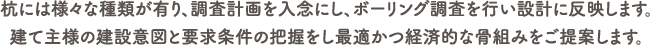 杭には様々な種類が有り、調査計画を入念にし、ボーリング調査を行い設計に反映します。建て主様の建設意図と要求条件の把握をし最適かつ経済的な骨組みをご提案します。